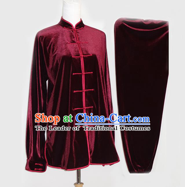 Asian Chinese Top Grade Velvet Kung Fu Costume Martial Arts Tai Chi Training Suit, China Gongfu Shaolin Wushu Wine Red Uniform for Men