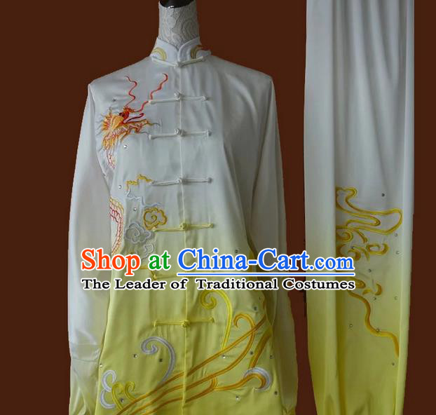 Asian Chinese Top Grade Silk Kung Fu Costume Martial Arts Tai Chi Training Suit, China Gongfu Shaolin Wushu Embroidery Dragon Yellow Uniform for Men