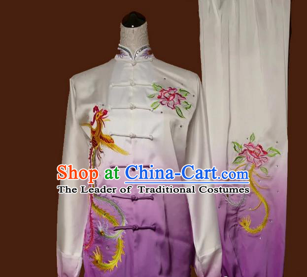 Asian Chinese Top Grade Linen Kung Fu Costume Martial Arts Tai Chi Training Suit, China Gongfu Shaolin Wushu Embroidery Phoenix Peony Gradient Purple Uniform for Women