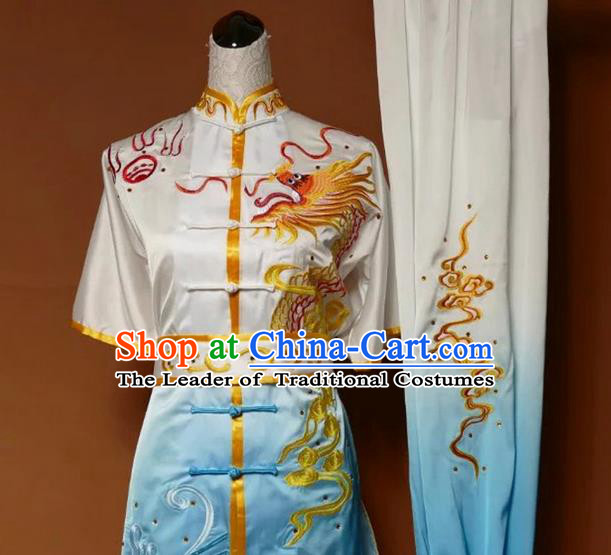 Asian Chinese Top Grade Silk Kung Fu Costume Martial Arts Tai Chi Training Suit, China Gongfu Shaolin Wushu Embroidery Dragon Gradient Blue Uniform for Men