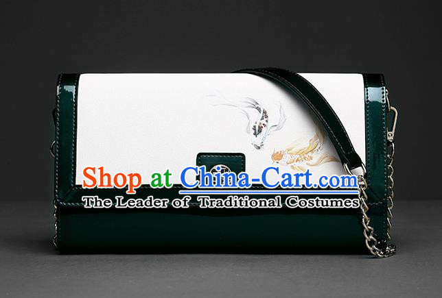 Traditional Handmade Asian Chinese Element Clutch Bags Folding Wallet National Printing Fish Deep Green Chain Handbag for Women