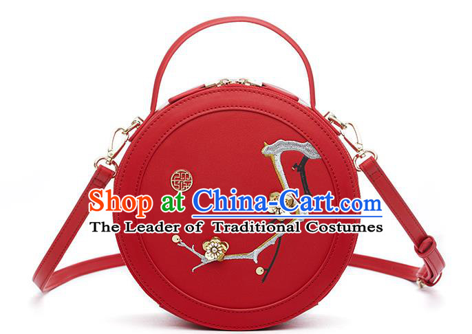 Traditional Handmade Asian Chinese Element Clutch Bags Shoulder Bag Embroidery Plum Blossom Haversack National Red Round Handbag for Women