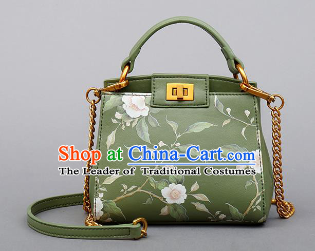 Traditional Handmade Asian Chinese Element Clutch Bags Shoulder Bag Printing Flowers National Green Handbag for Women