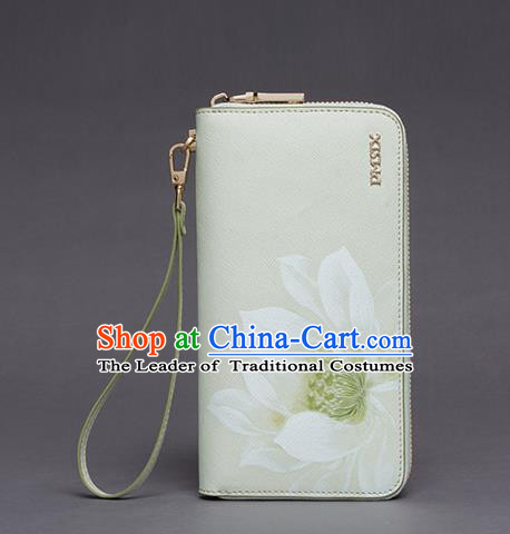 Traditional Handmade Asian Chinese Element Printing Lotus Wallet National Handbag White Purse for Women