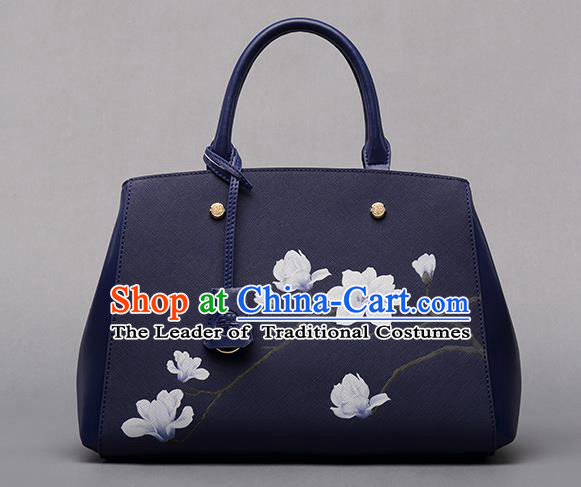 Traditional Handmade Asian Chinese Element Clutch Bags Shoulder Bag National Printing Mangnolia Flowers Royalblue Handbag for Women