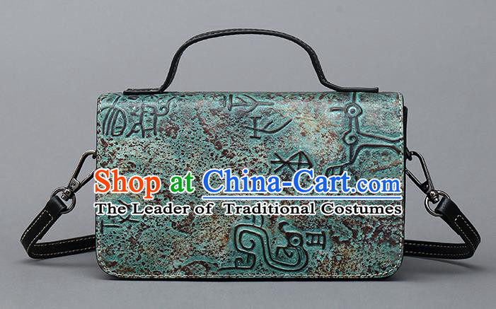 Traditional Handmade Asian Chinese Element Haversack Clutch Bags Shoulder Bag National Bronze Pattern Green Handbag for Women