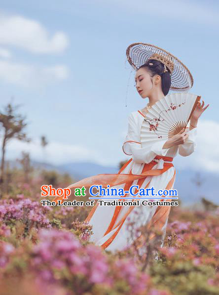 Traditional Ancient Chinese Young Lady Costume Embroidery Half-Sleeves Blouse and Skirt Complete Set, Elegant Hanfu Clothing Chinese Song Dynasty Imperial Princess Clothing for Women