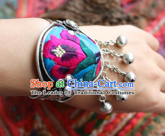 Traditional Handmade Chinese National Miao Nationality Sliver Bracelet Embroidery Bells Tassel Bangle for Women