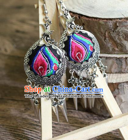 Traditional Handmade Chinese National Miao Nationality Sliver Embroidery Tassel Earrings for Women