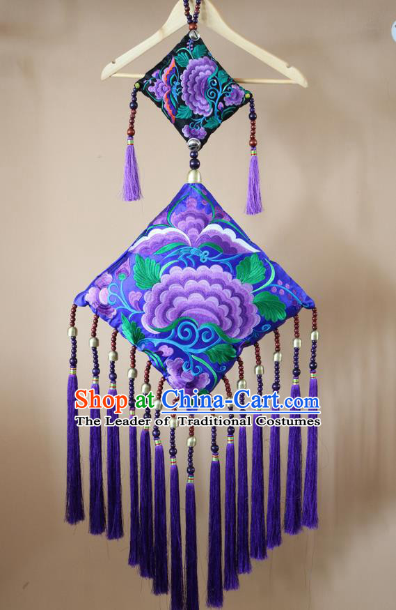 Traditional Handmade Chinese National Pendant Miao Nationality Embroidery Flower Purple Tassel Accessories