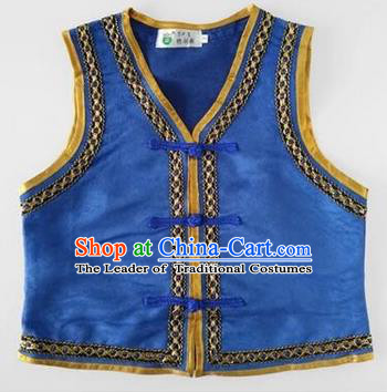 Traditional Chinese Mongol Nationality Dance Costume, Mongols Children Folk Dance Ethnic Vest, Chinese Mongolian Minority Nationality Embroidery Blue Waistcoat for Kids