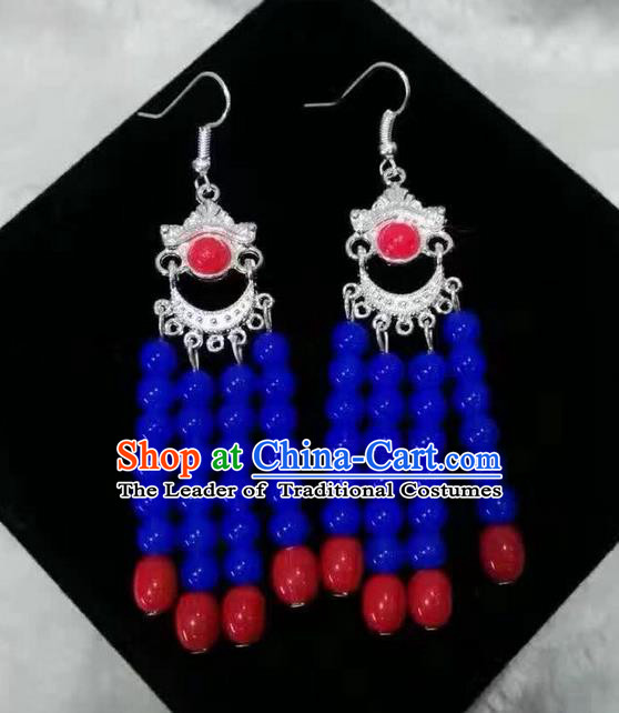 Traditional Handmade Chinese  Mongol Nationality Dance Accessories Earrings, China Mongols Mongolian Minority Nationality Princess Blue Beads Tassel Eardrop for Women