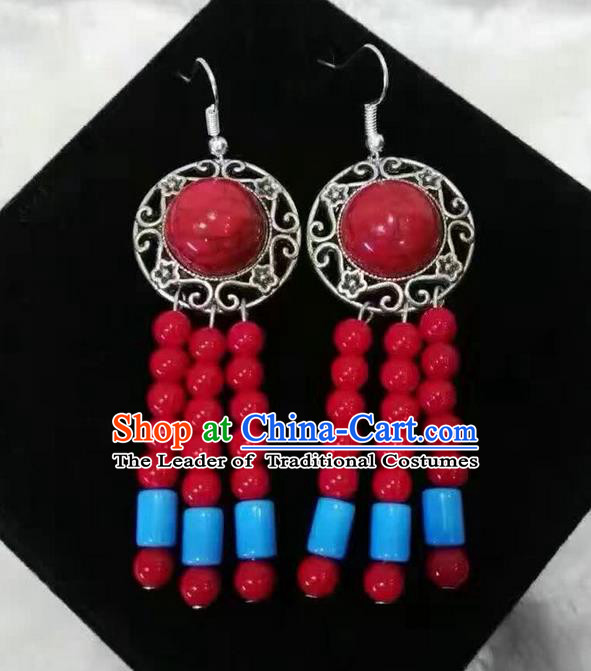 Traditional Handmade Chinese  Mongol Nationality Dance Accessories Earrings, China Mongols Mongolian Minority Nationality Princess Red Beads Tassel Eardrop for Women