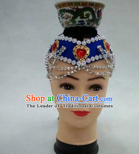 Traditional Handmade Chinese Mongol Nationality Dance Royalblue Hair Accessories Headwear, China Mongols Mongolian Minority Nationality Bride Headpiece for Women