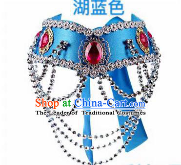 Traditional Handmade Chinese Mongol Nationality Dance Blue Hair Accessories Headband, China Mongols Mongolian Minority Nationality Bride Headpiece for Women