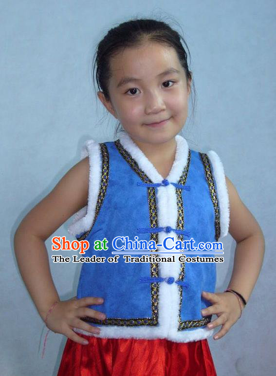 Traditional Chinese Mongol Nationality Dance Costume Children Blue Mongol Vest, China Mongolian Minority Nationality Waistcoat Clothing for Kids