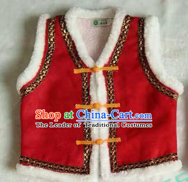 Traditional Chinese Mongol Nationality Dance Costume Children Red Mongol Vest, China Mongolian Minority Nationality Waistcoat Clothing for Kids