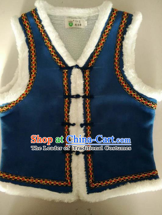 Traditional Chinese Mongol Nationality Dance Costume Children Navy Mongol Vest, China Mongolian Minority Nationality Waistcoat Clothing for Kids