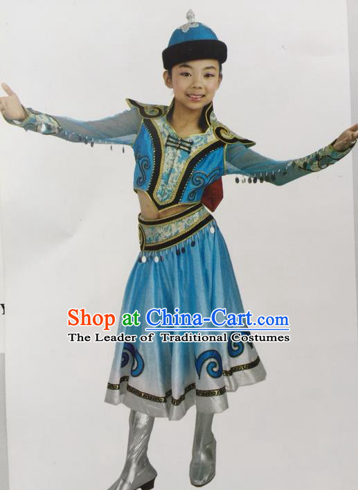 Traditional Chinese Mongol Nationality Dance Costume Handmade Children Blue Mongolian Robe, China Mongolian Minority Nationality Dress Clothing for Kids