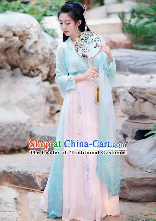 Traditional Ancient Chinese Costume Tang Dynasty Embroidery Slant Opening Blue Blouse and Skirt, Elegant Hanfu Clothing Chinese Princess Dress Clothing for Women