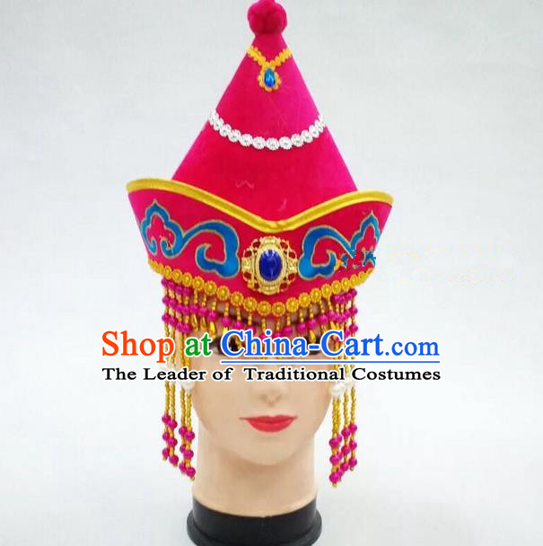 Traditional Handmade Chinese Mongol Nationality Dance Pink Headwear Princess Hat, China Mongols Children Mongolian Minority Nationality Headpiece for Kids