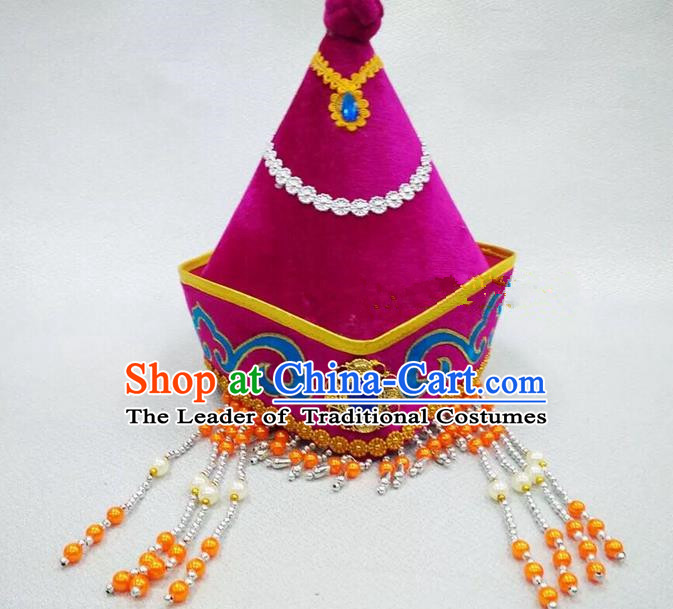 Traditional Handmade Chinese Mongol Nationality Dance Purple Headwear Princess Hat, China Mongols Children Mongolian Minority Nationality Headpiece for Kids