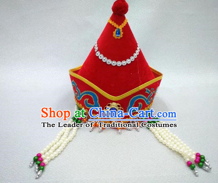 Traditional Handmade Chinese Mongol Nationality Dance Red Headwear Princess Hat, China Mongols Children Mongolian Minority Nationality Headpiece for Kids