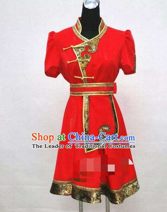 Traditional Chinese Mongol Nationality Dance Costume Handmade Red Mongolian Robe, China Mongolian Minority Nationality Dress Clothing for Women