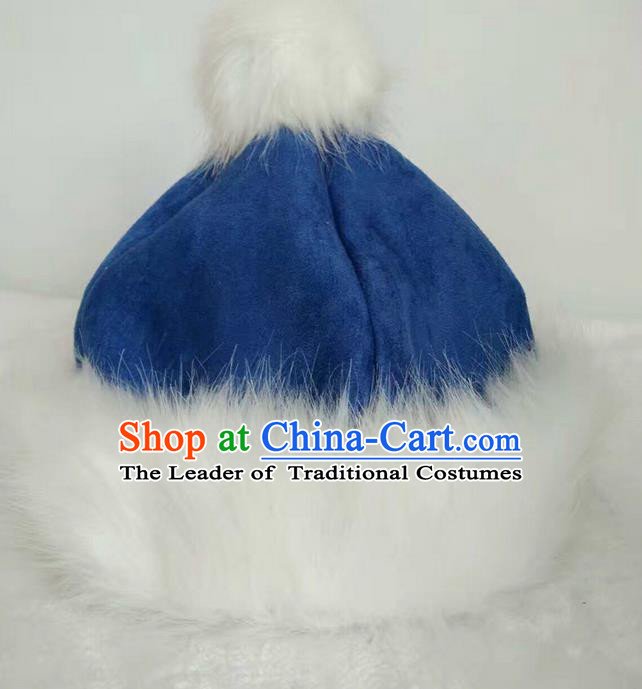 Traditional Handmade Chinese Mongol Nationality Dance Headwear Cotton-padded Hat, China Mongolian Minority Nationality Children Blue Headpiece for Kids