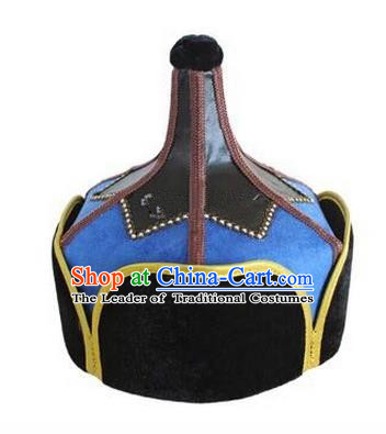 Traditional Handmade Chinese Mongol Nationality Dance Headwear Blue Suede Fabric Hat, China Mongolian Minority Nationality Prince Headpiece for Men