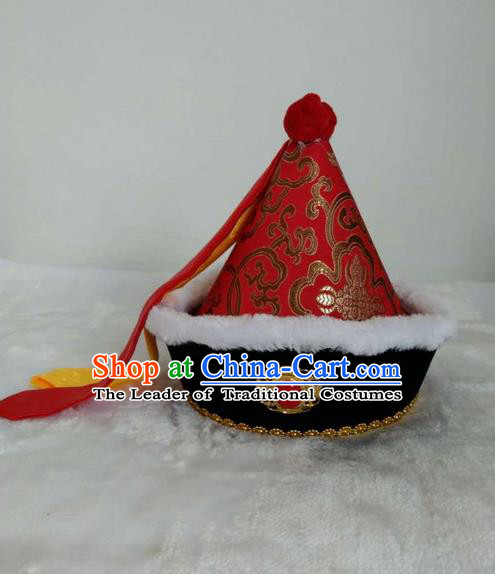 Traditional Handmade Chinese Mongol Nationality Dance Headwear Children Hat, China Mongolian Minority Nationality Royal Highness Red Headpiece for Kids