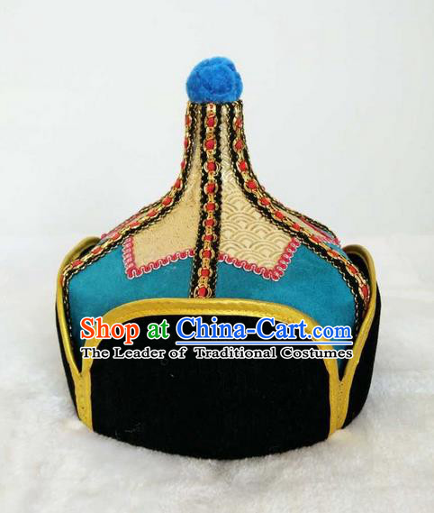 Traditional Handmade Chinese Mongol Nationality Dance Headwear Royal Highness Hat, China Mongolian Minority Nationality Prince Blue Headpiece for Men