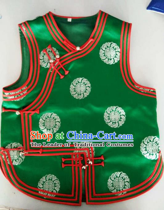 Traditional Chinese Mongol Nationality Dance Costume Handmade Mongolian Green Vest, China Mongolian Minority Nationality Waistcoat Clothing for Kids