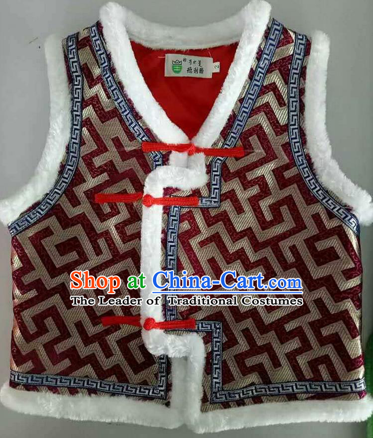 Traditional Chinese Mongol Nationality Dance Costume Handmade Purplish Red Mongolian Vest, China Mongolian Minority Nationality Waistcoat Clothing for Kids