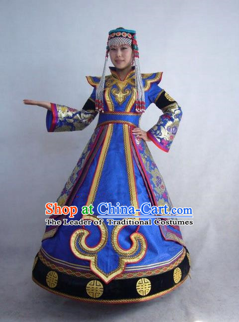 Traditional Chinese Mongol Nationality Dance Costume Handmade Princess Mongolian Robe, China Mongolian Minority Nationality Blue Dress Clothing for Women