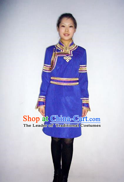 Traditional Chinese Mongol Nationality Dance Costume Handmade Blue Mongolian Robe, China Mongolian Minority Nationality Dress Clothing for Women