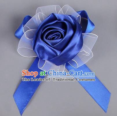 Top Grade Wedding Accessories Decoration Corsage, China Style Wedding Car Ornament Rose Flowers Bride Bridegroom Royalblue Ribbon Brooch