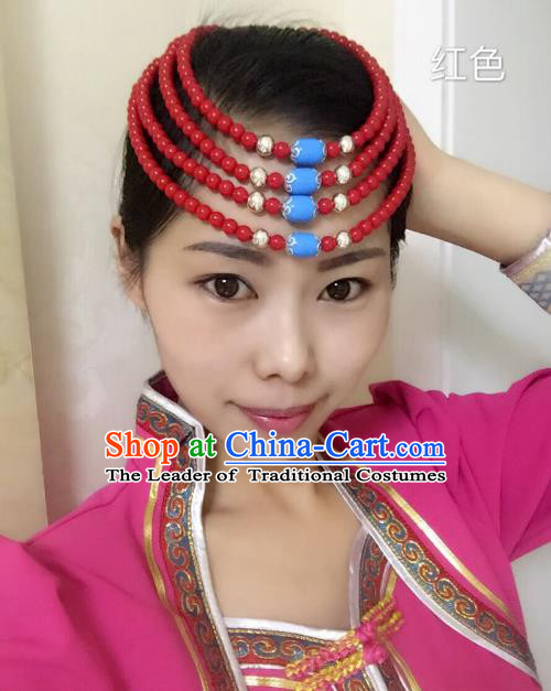 Traditional Handmade Chinese Mongol Nationality Handmade Red Beads Headband, China Mongols Mongolian Minority Nationality Wedding Bride Headwear Headpiece for Women