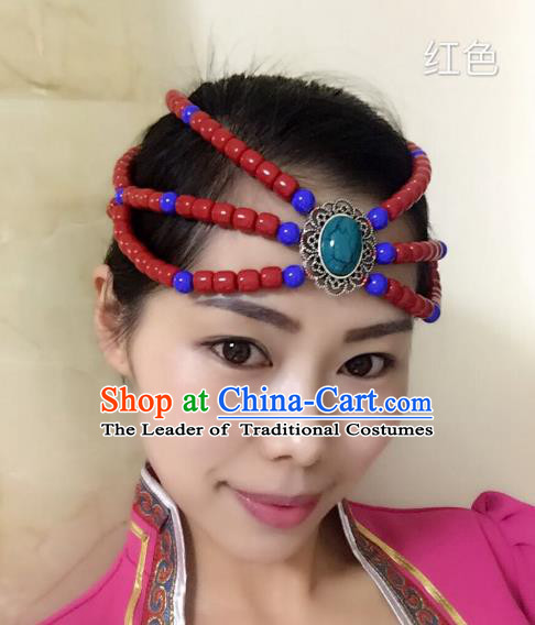 Traditional Handmade Chinese Mongol Nationality Handmade Red Beads Headband, China Mongols Mongolian Minority Nationality Wedding Bride Headwear Headpiece for Women