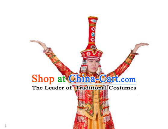 Traditional Handmade Chinese Mongol Nationality Handmade Bride Red Hat, China Mongols Mongolian Minority Nationality Wedding Headwear for Women