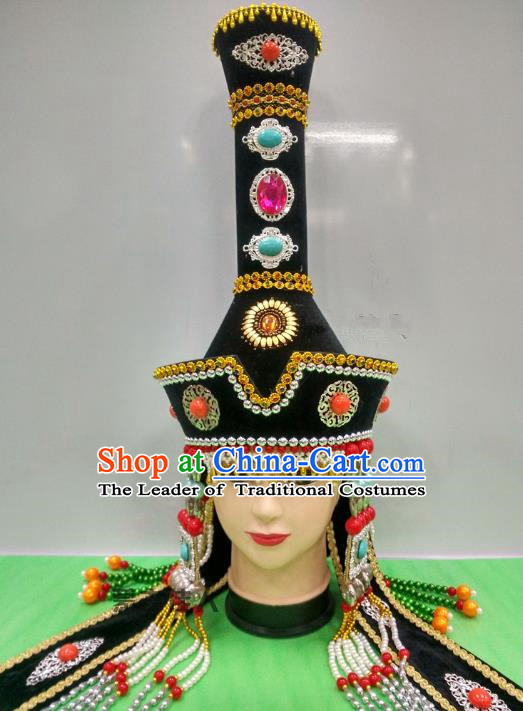 Traditional Handmade Chinese Mongol Nationality Handmade Bride Black Hat, China Mongols Mongolian Minority Nationality Wedding Headwear for Women