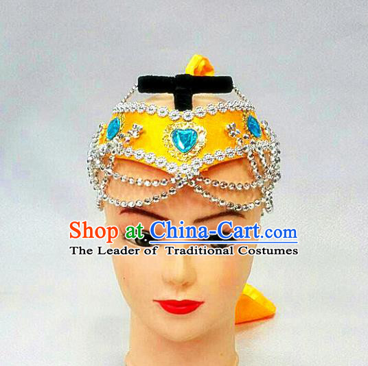 Traditional Handmade Chinese Mongol Nationality Handmade Yellow Hair Accessories, China Mongols Mongolian Minority Nationality Headband Headwear for Women