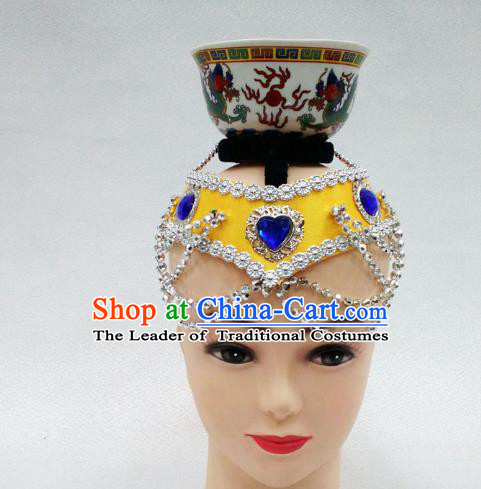 Traditional Handmade Chinese Mongol Nationality Handmade Yellow Hair Accessories, China Mongols Mongolian Minority Nationality Headband Headwear for Women