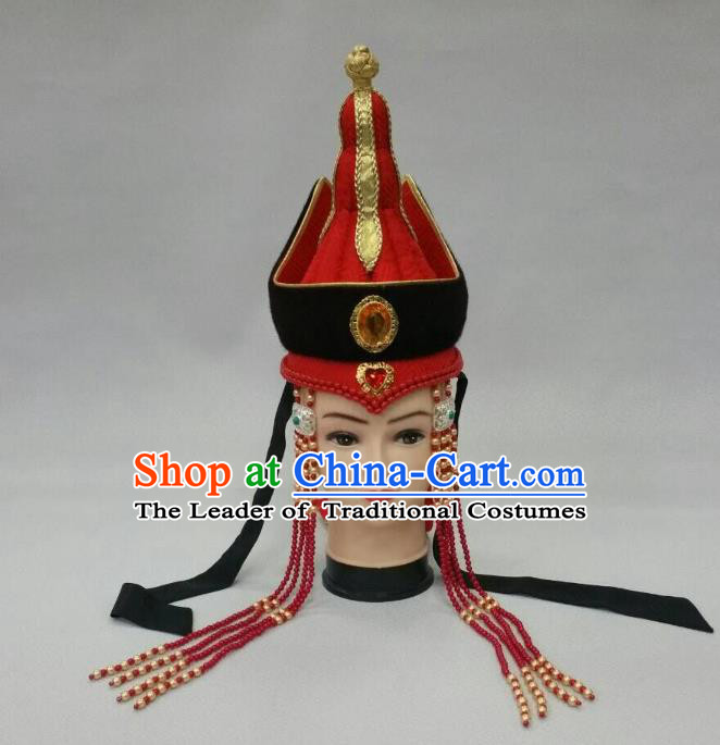 Traditional Handmade Chinese Mongol Nationality Handmade Queen Tassel Hat Hair Accessories, China Mongols Mongolian Minority Nationality Wedding Headwear for Women