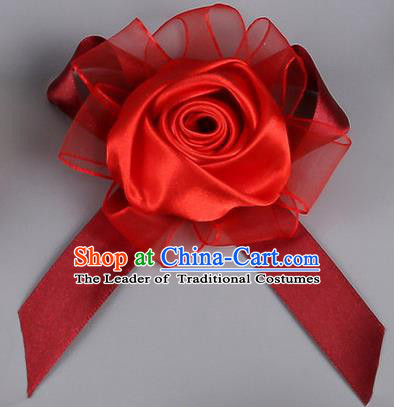 Top Grade Wedding Accessories Decoration Corsage, China Style Wedding Car Ornament Red Rose Flowers Bride Bridegroom Ribbon Brooch