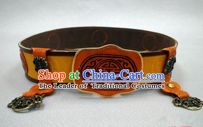 Traditional Handmade Chinese Mongol Nationality Handmade Leather Belts, China Mongols Mongolian Minority Nationality Waistband for Men