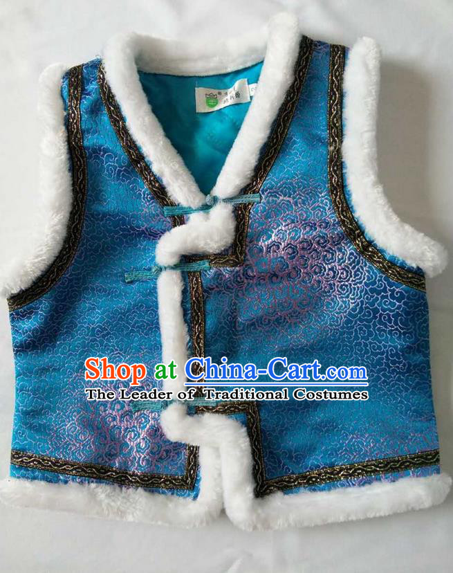 Traditional Chinese Mongol Nationality Dance Costume Handmade Blue Mongolian Vest, China Mongolian Minority Nationality Waistcoat Clothing for Kids