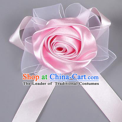 Top Grade Wedding Accessories Decoration Corsage, China Style Wedding Car Ornament Pink Rose Flowers Bride Bridegroom Ribbon Brooch