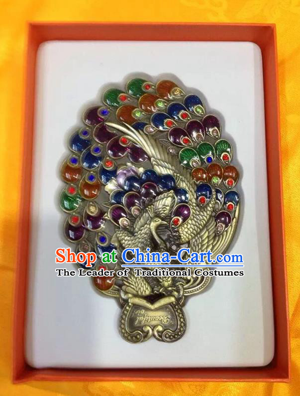 Traditional Handmade Chinese Mongol Nationality Crafts Colorful Peacock Pocket Mirror, China Mongolian Minority Nationality Cloisonne Mirror for Women