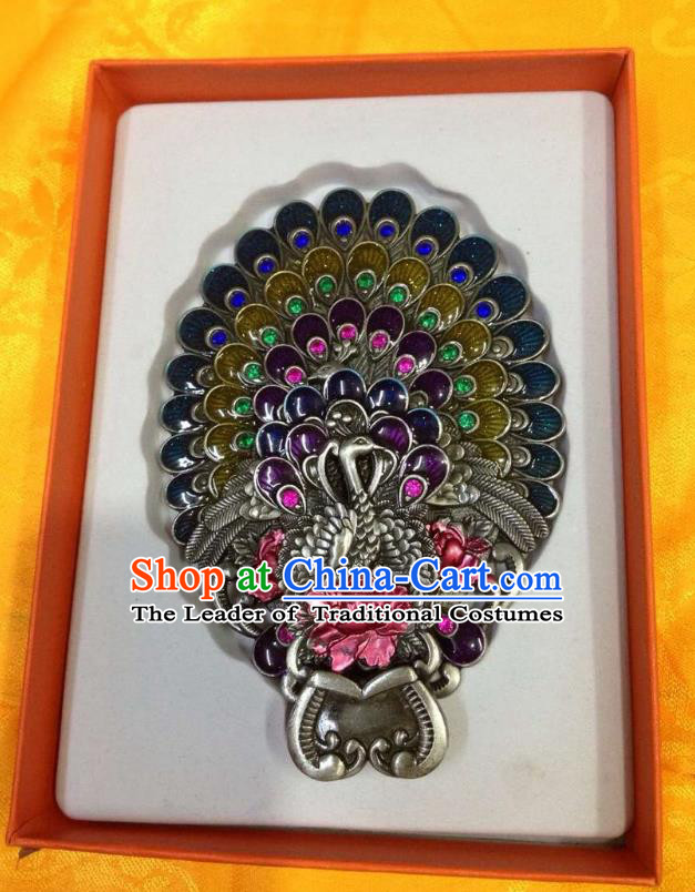 Traditional Handmade Chinese Mongol Nationality Crafts Purple Peacock Pocket Mirror, China Mongolian Minority Nationality Cloisonne Mirror for Women